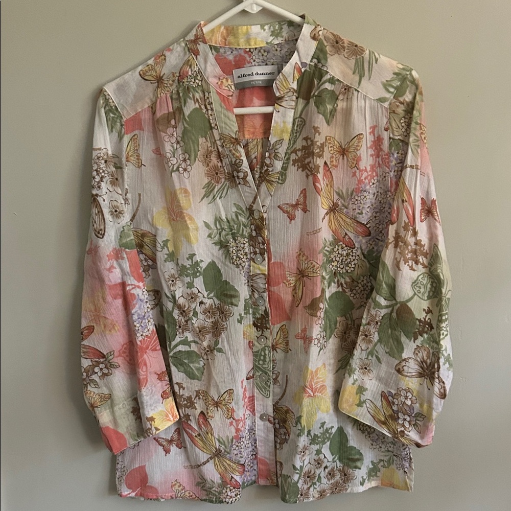Alfred Dunner Multicolor Floral Butterfly Button Down Shirt